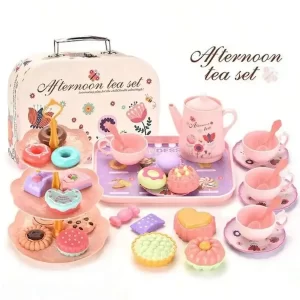 42 pieces of Little Girl Tea Party Set, Kitchen Pretend to Play Tea Time Toy with Dessert Biscuits, Donuts, Tea Pot, Princess Gi